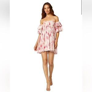 NWT MISA Los Angeles Dima Shirred Ruffled Mini Dress Pink Floral Size M